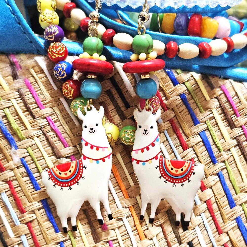 Artisan Earrings. Llamas. Colorful, Beaded. Pierced. - Picture 4 of 7